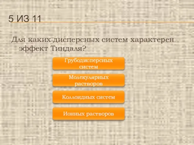 Для каких дисперсных систем характерен эффект Тиндаля? 5 ИЗ 11 Коллоидных систем