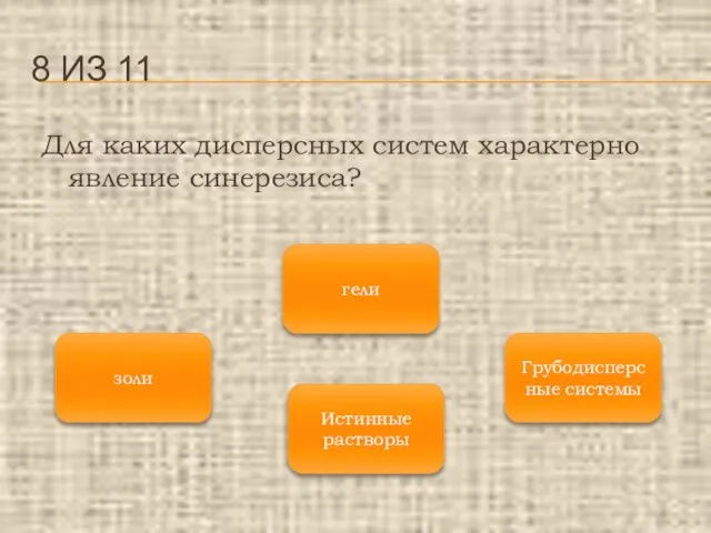 Для каких дисперсных систем характерно явление синерезиса? 8 ИЗ 11 гели золи Грубодисперсные системы Истинные растворы