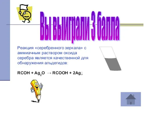 Вы выиграли 3 балла Реакция «серебренного зеркала» с аммиачным раствором оксида серебра