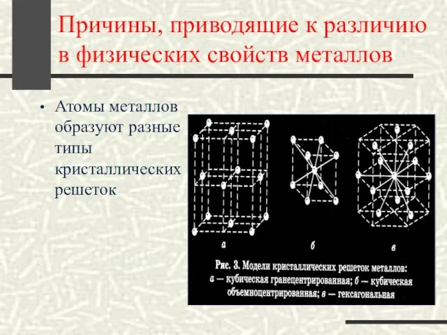 Причины, приводящие к различию в физических свойств металлов Атомы металлов образуют разные типы кристаллических решеток