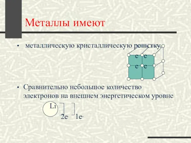 Металлы имеют металлическую кристаллическую решетку. е е е е Сравнительно небольшое количество