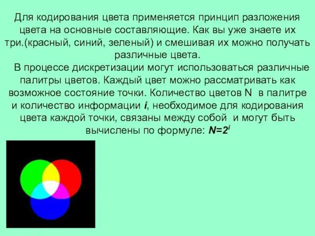 Для кодирования цвета применяется принцип разложения цвета на основные составляющие. Как вы