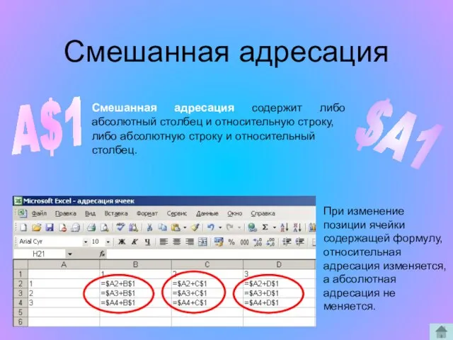 Смешанная адресация Смешанная адресация содержит либо абсолютный столбец и относительную строку, $A1