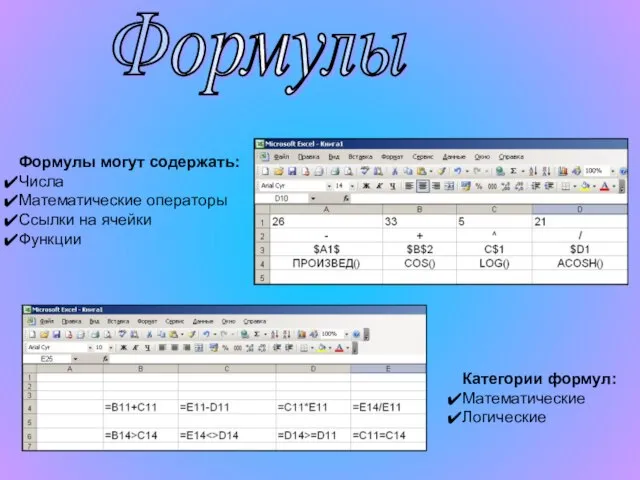 Формулы Формулы могут содержать: Числа Математические операторы Ссылки на ячейки Функции Категории формул: Математические Логические