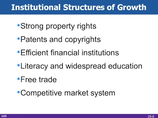 Institutional Structures of Growth Strong property rights Patents and copyrights Efficient financial