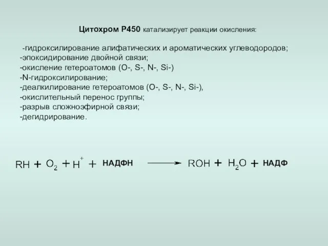 Цитохром Р450 катализирует реакции окисления: -гидроксилирование алифатических и ароматических углеводородов; эпоксидирование двойной