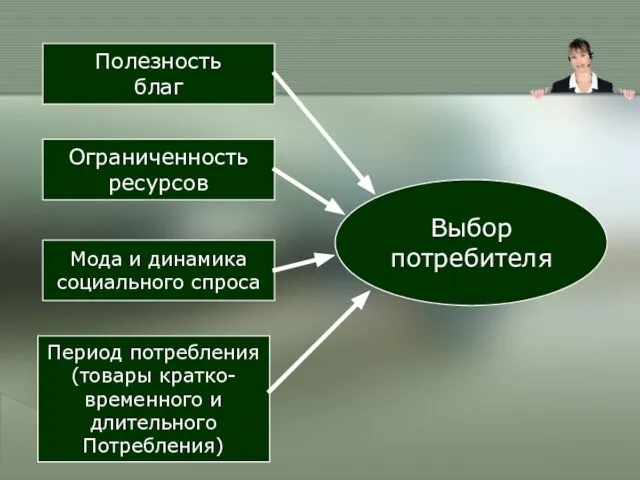 Полезность благ Ограниченность ресурсов Мода и динамика социального спроса Период потребления (товары