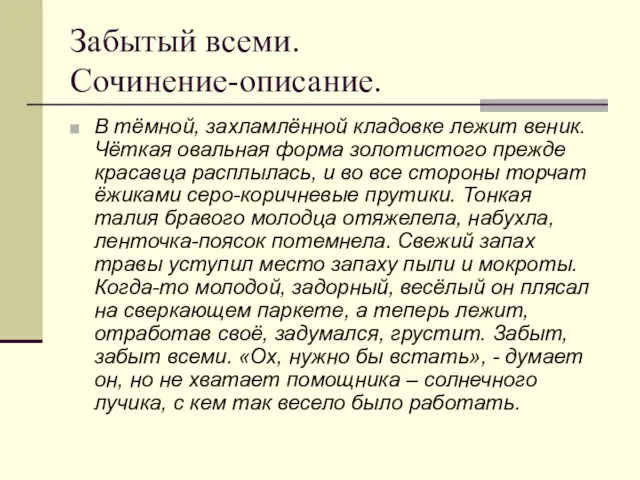 Забытый всеми. Сочинение-описание. В тёмной, захламлённой кладовке лежит веник. Чёткая овальная форма