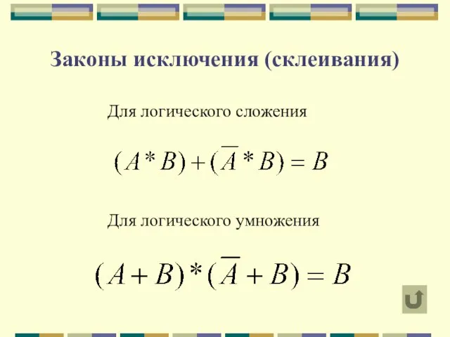 Законы исключения (склеивания) Для логического сложения Для логического умножения