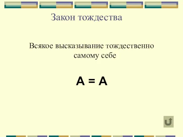 Закон тождества Всякое высказывание тождественно самому себе А = А