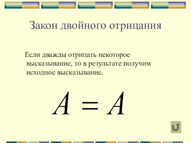 Закон двойного отрицания Если дважды отрицать некоторое высказывание, то в результате получим исходное высказывание.