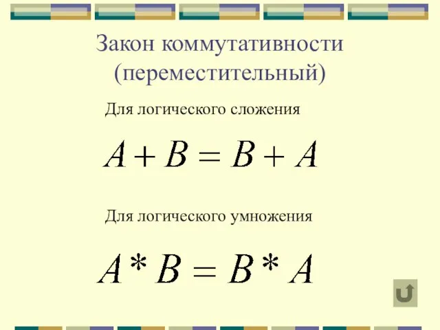 Закон коммутативности (переместительный) Для логического сложения Для логического умножения