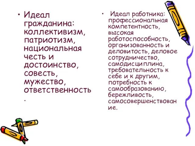 Идеал гражданина: коллективизм, патриотизм, национальная честь и достоинство, совесть, мужество, ответственность. Идеал