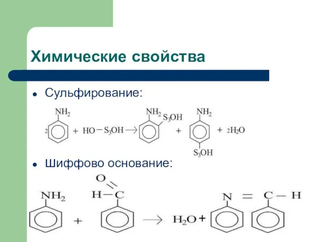 Химические свойства Сульфирование: Шиффово основание: