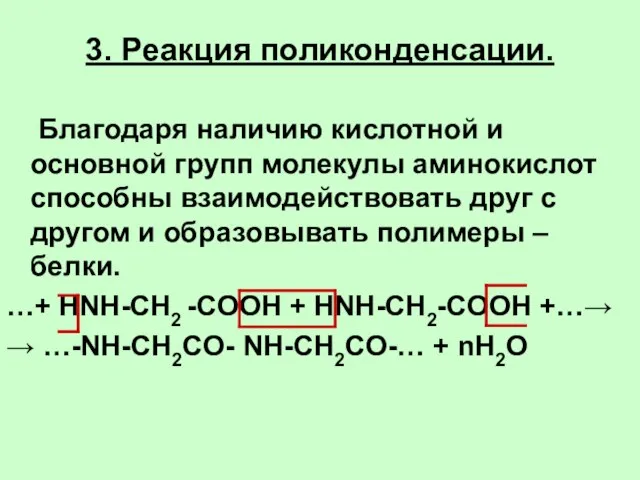 3. Реакция поликонденсации. Благодаря наличию кислотной и основной групп молекулы аминокислот способны