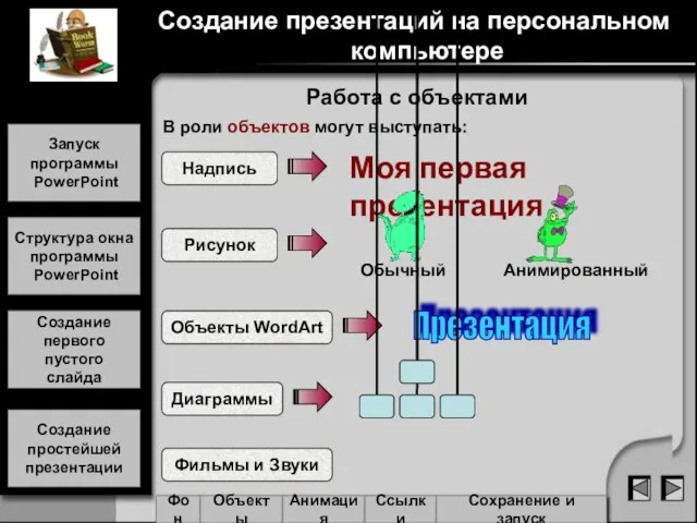 Работа с объектами В роли объектов могут выступать: Создание презентаций на персональном