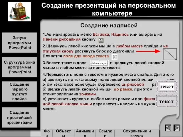 Создание надписей Создание презентаций на персональном компьютере Запуск программы PowerPoint Структура окна