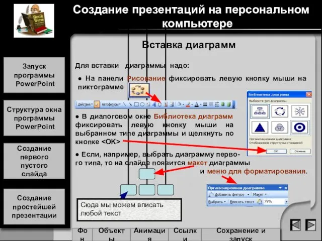 Вставка диаграмм Сюда мы можем вписать любой текст Для вставки диаграммы надо: