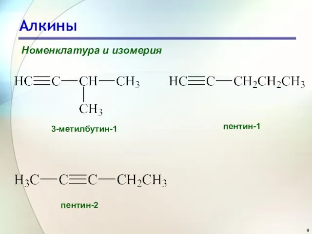 Алкины Номенклатура и изомерия 3-метилбутин-1 пентин-1 пентин-2