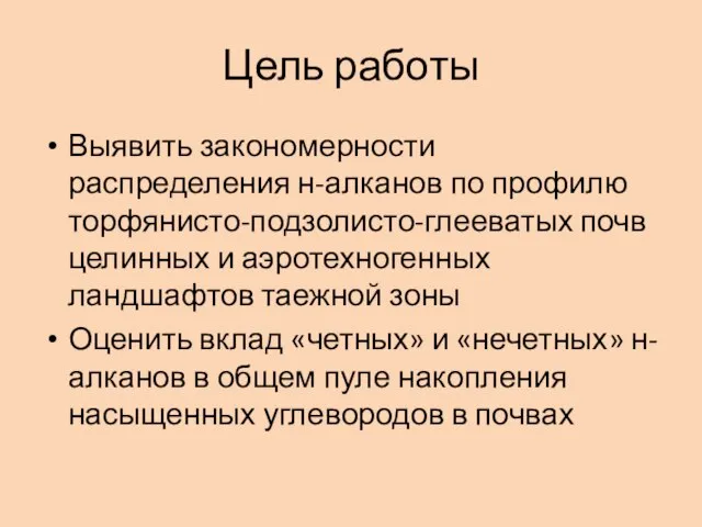 Цель работы Выявить закономерности распределения н-алканов по профилю торфянисто-подзолисто-глееватых почв целинных и