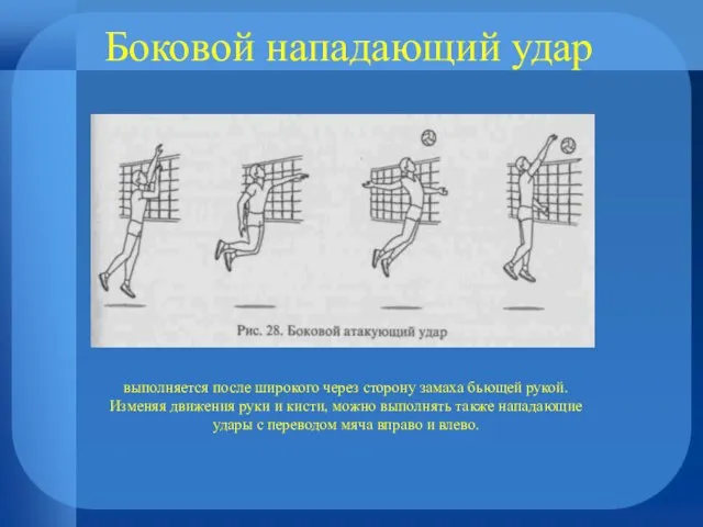 Боковой нападающий удар выполняется после широкого через сторону замаха бьющей рукой. Изменяя