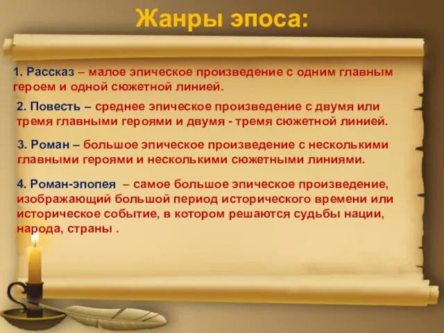 Жанры эпоса: 1. Рассказ – малое эпическое произведение с одним главным героем