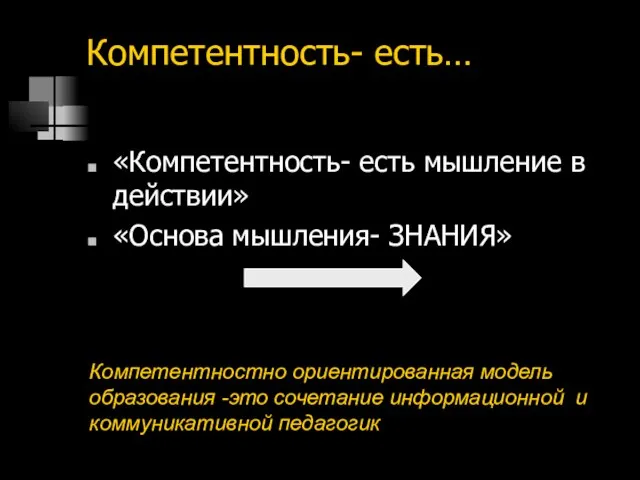 Компетентность- есть… «Компетентность- есть мышление в действии» «Основа мышления- ЗНАНИЯ» Компетентностно ориентированная