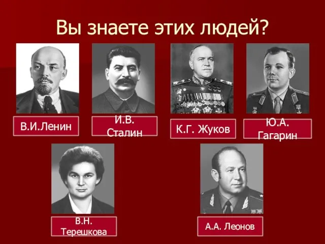 Вы знаете этих людей? В.И.Ленин И.В. Сталин К.Г. Жуков Ю.А. Гагарин В.Н.Терешкова А.А. Леонов