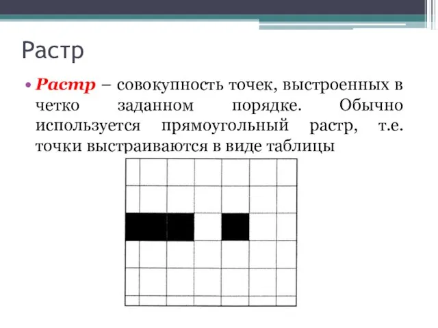 Растр Растр – совокупность точек, выстроенных в четко заданном порядке. Обычно используется