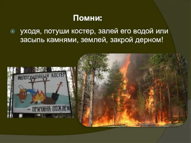 Помни: уходя, потуши костер, залей его водой или засыпь камнями, землей, закрой дерном!