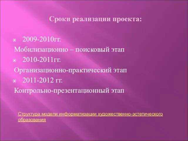 Сроки реализации проекта: 2009-2010гг. Мобилизационно – поисковый этап 2010-2011гг. Организационно-практический этап 2011-2012