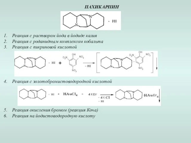 ПАХИКАРПИН Реакция с раствором йода в йодиде калия Реакция с роданидным комплексом