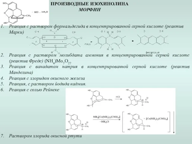 ПРОИЗВОДНЫЕ ИЗОХИНОЛИНА МОРФИН Реакция с раствором формальдегида в концентрированной серной кислоте (реактив