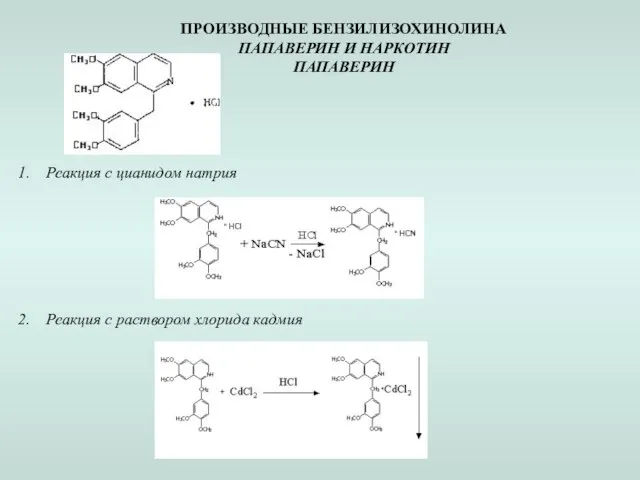 ПРОИЗВОДНЫЕ БЕНЗИЛИЗОХИНОЛИНА ПАПАВЕРИН И НАРКОТИН ПАПАВЕРИН Реакция с цианидом натрия Реакция с раствором хлорида кадмия