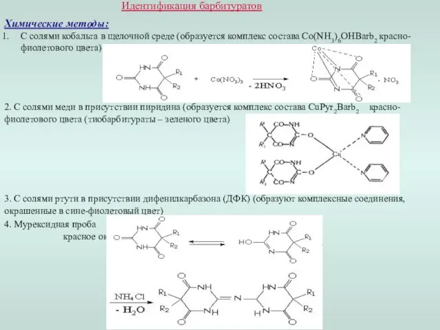 Идентификация барбитуратов Химические методы: С солями кобальта в щелочной среде (образуется комплекс
