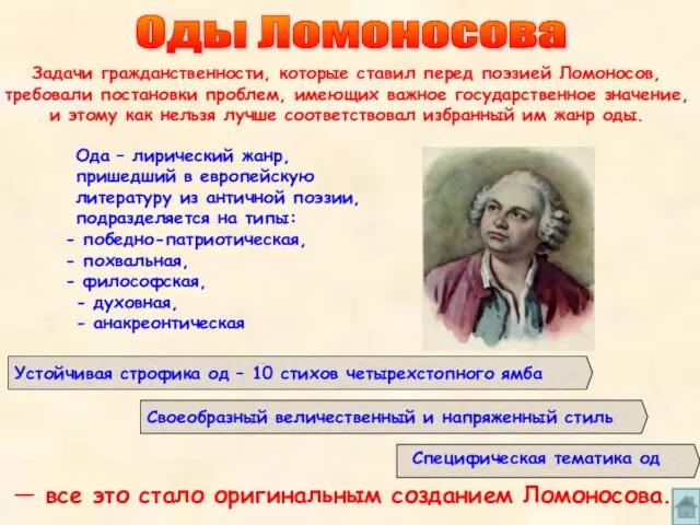 Оды Ломоносова Задачи гражданственности, которые ставил перед поэзией Ломоносов, требовали постановки проблем,