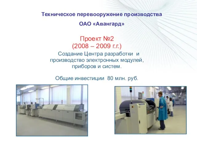 Техническое перевооружение производства ОАО «Авангард» Проект №2 (2008 – 2009 г.г.) Создание