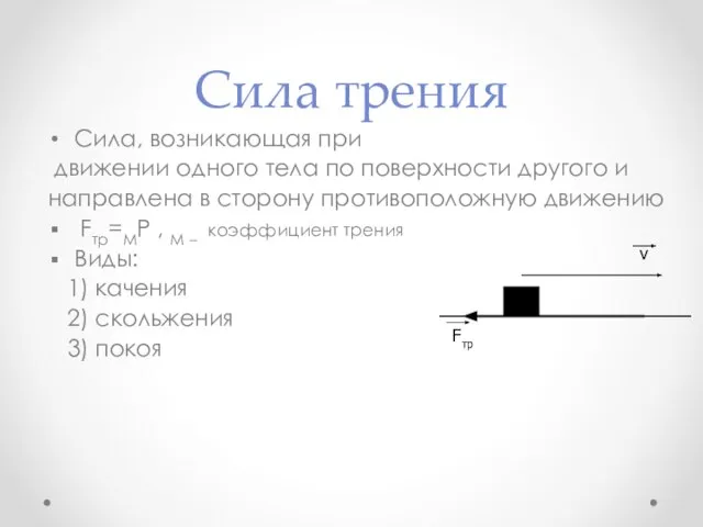 Сила трения Сила, возникающая при движении одного тела по поверхности другого и