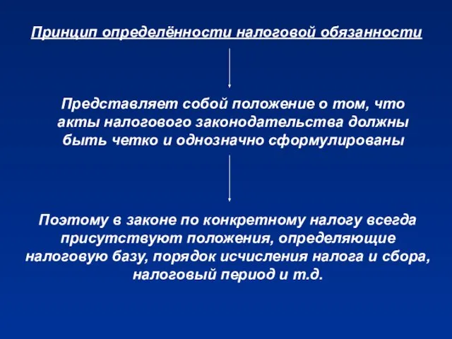 Принцип определённости налоговой обязанности Представляет собой положение о том, что акты налогового