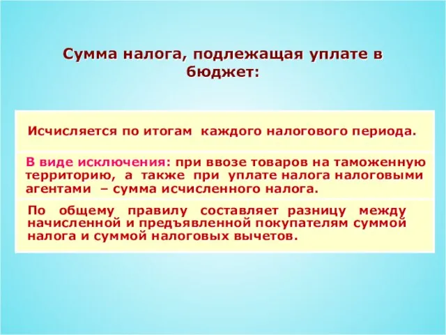 Сумма налога, подлежащая уплате в бюджет: Исчисляется по итогам каждого налогового периода.