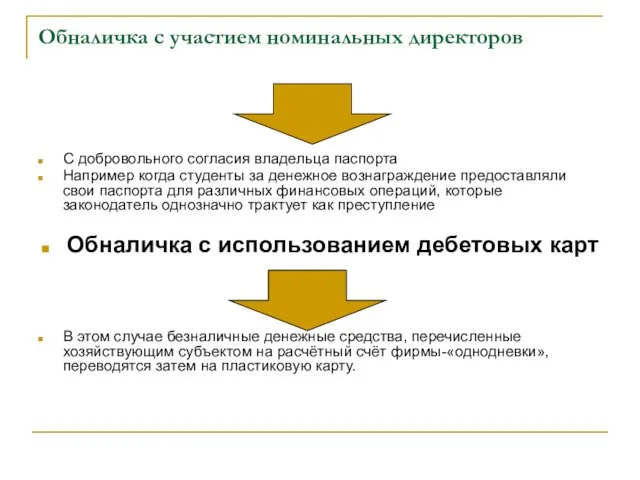 Обналичка с участием номинальных директоров С добровольного согласия владельца паспорта Например когда