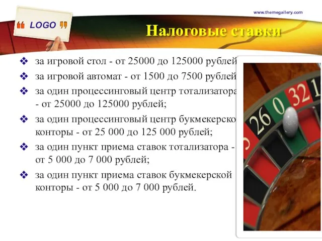 Налоговые ставки за игровой стол - от 25000 до 125000 рублей; за
