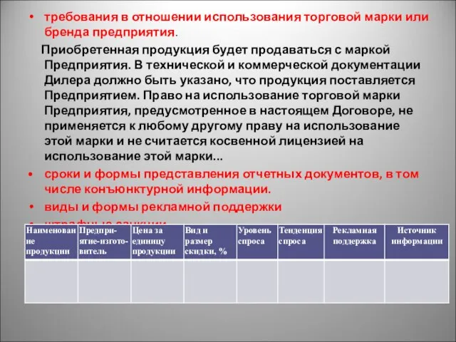 требования в отношении использования торговой марки или бренда предприятия. Приобретенная продукция будет