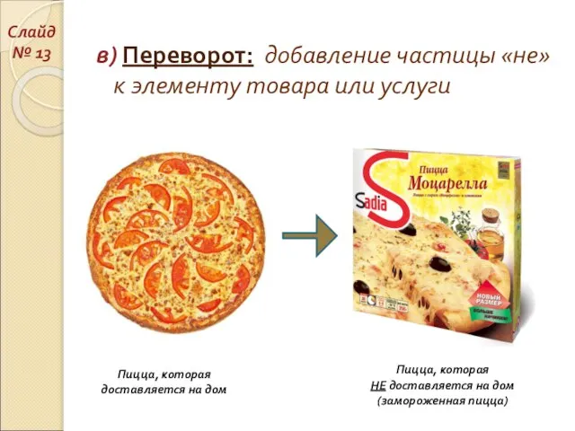 в) Переворот: добавление частицы «не» к элементу товара или услуги Пицца, которая