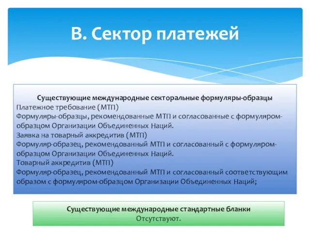 В. Сектор платежей Существующие международные секторальные формуляры-образцы Платежное требование (МТП) Формуляры-образцы, рекомендованные