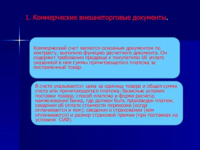 1. Коммерческие внешнеторговые документы. Коммерческий счет является основным документом по контракту, выполняя