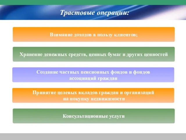 Трастовые операции: Взимание доходов в пользу клиентов; Хранение денежных средств, ценных бумаг