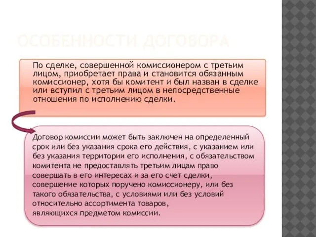 ОСОБЕННОСТИ ДОГОВОРА По сделке, совершенной комиссионером с третьим лицом, приобретает права и