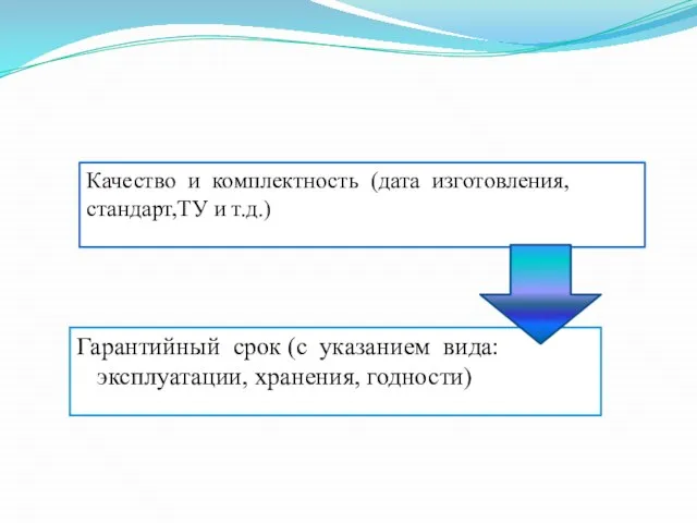 Гарантийный срок (с указанием вида: эксплуатации, хранения, годности) Качество и комплектность (дата изготовления, стандарт,ТУ и т.д.)