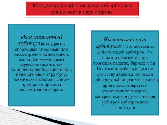 Международный коммерческий арбитраж существует в двух формах: Изолированный арбитраж создается спорящими сторонами